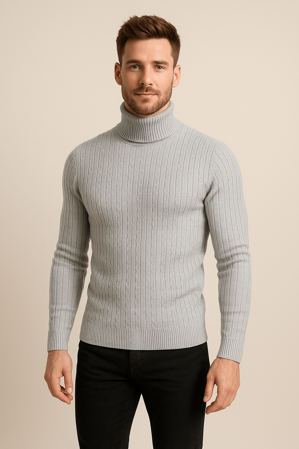Lasse – Men’s Slim Fit Wool Turtleneck Sweater with Cable Knit Pattern
