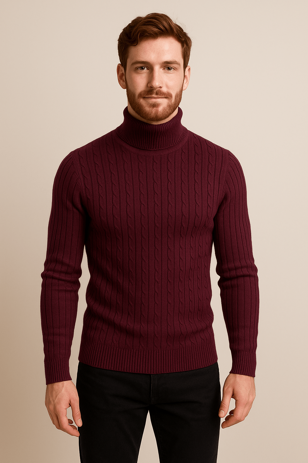 Lasse – Men’s Slim Fit Wool Turtleneck Sweater with Cable Knit Pattern