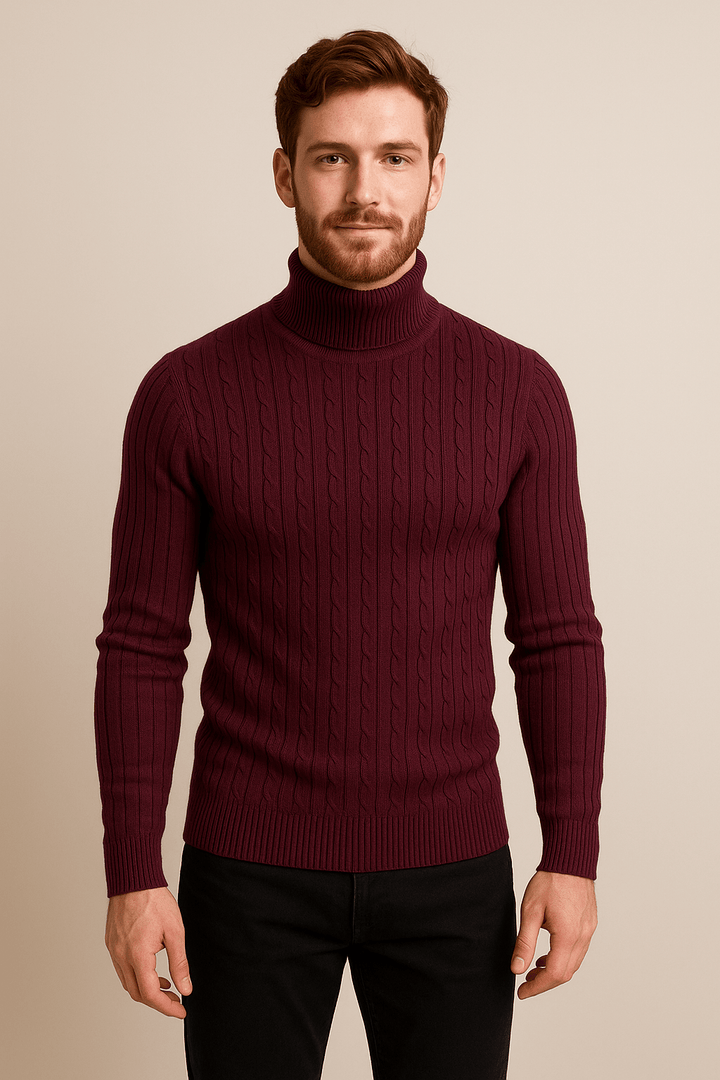 Lasse – Men’s Slim Fit Wool Turtleneck Sweater with Cable Knit Pattern