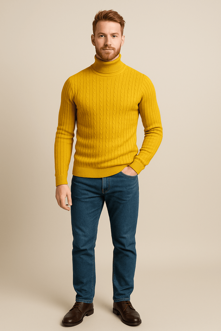 Lasse – Men’s Slim Fit Wool Turtleneck Sweater with Cable Knit Pattern