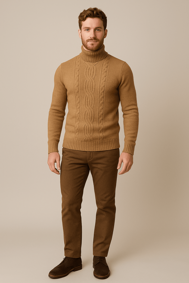 Lawrence – Men’s Cable Knit Turtleneck Sweater with Ribbed Cuffs