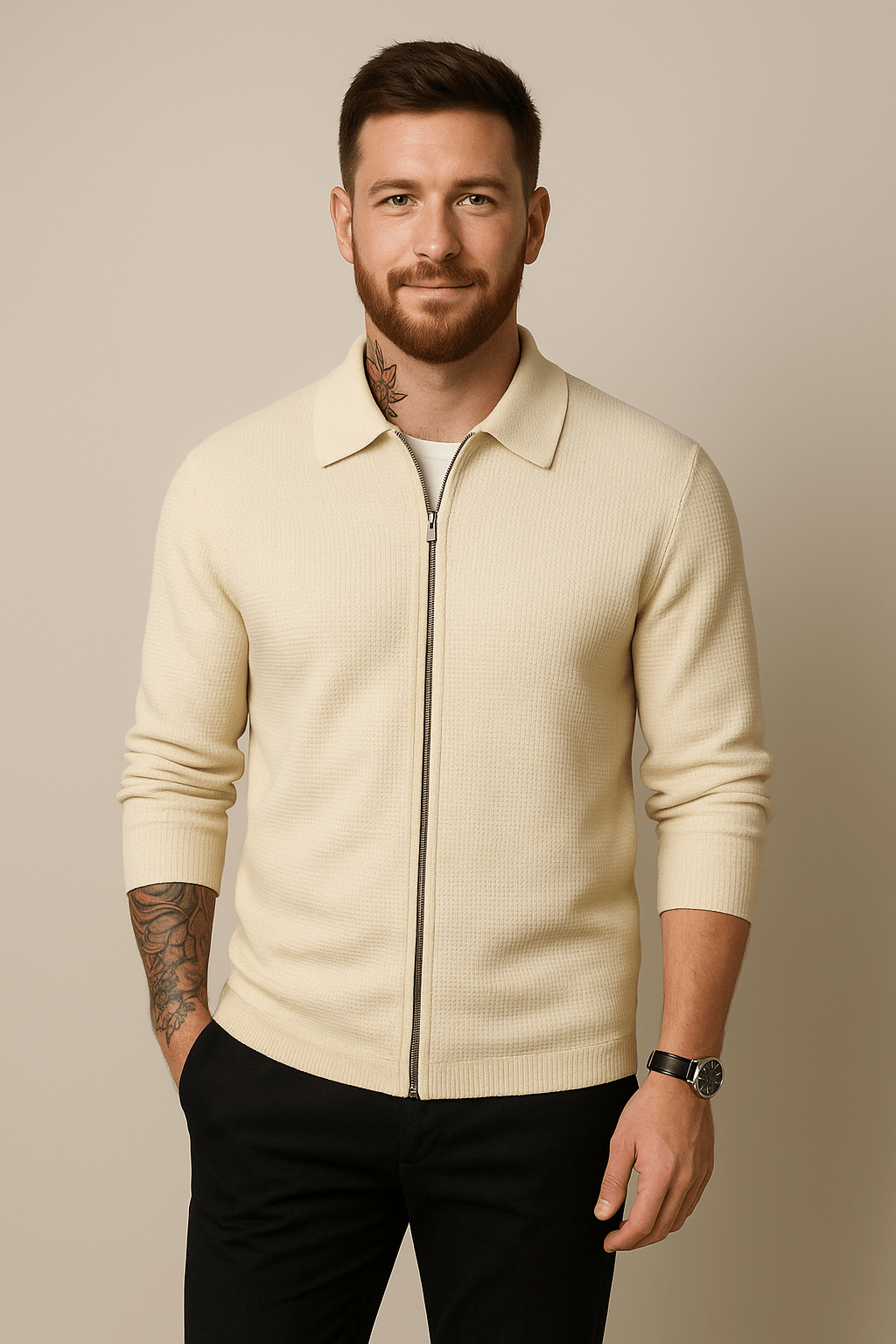 Max – Men’s Waffle Knit Zip-Up Sweater with Modern Fit