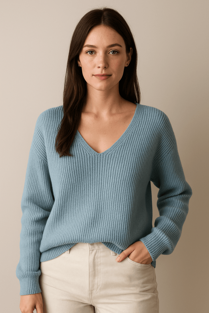 Rhea – Women’s V-Neck Relaxed Fit Sweater – Wool Blend