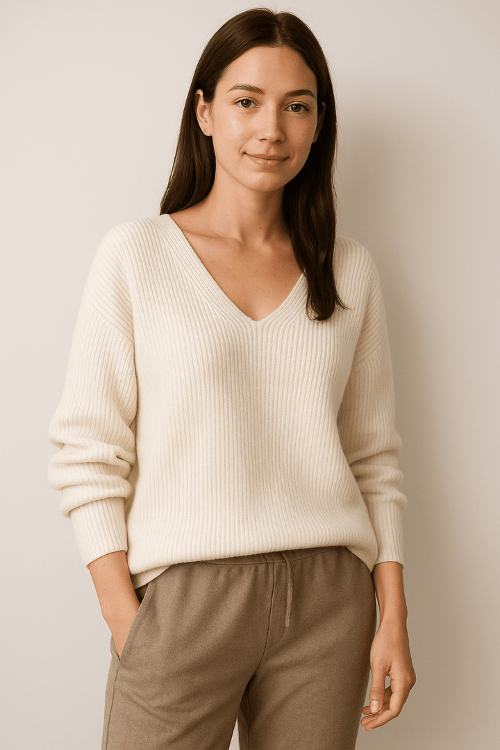 Rhea – Women’s V-Neck Relaxed Fit Sweater – Wool Blend