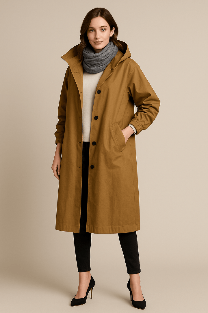 Ruby – Women’s Hooded Long Trench Coat with Pockets