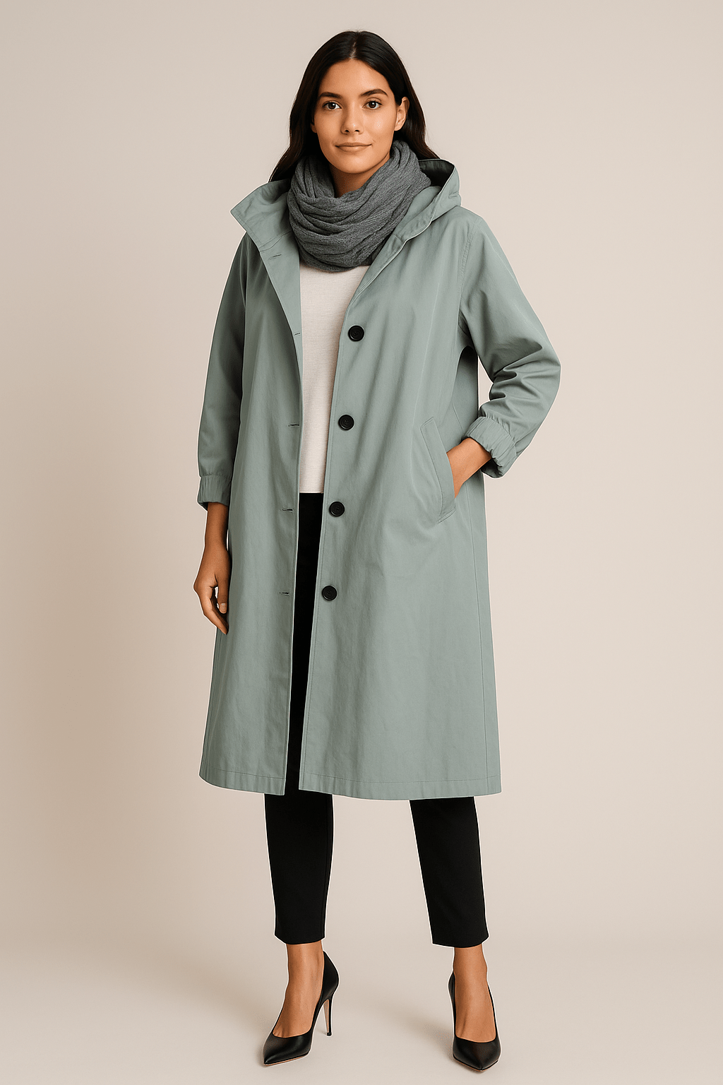 Ruby – Women’s Hooded Long Trench Coat with Pockets