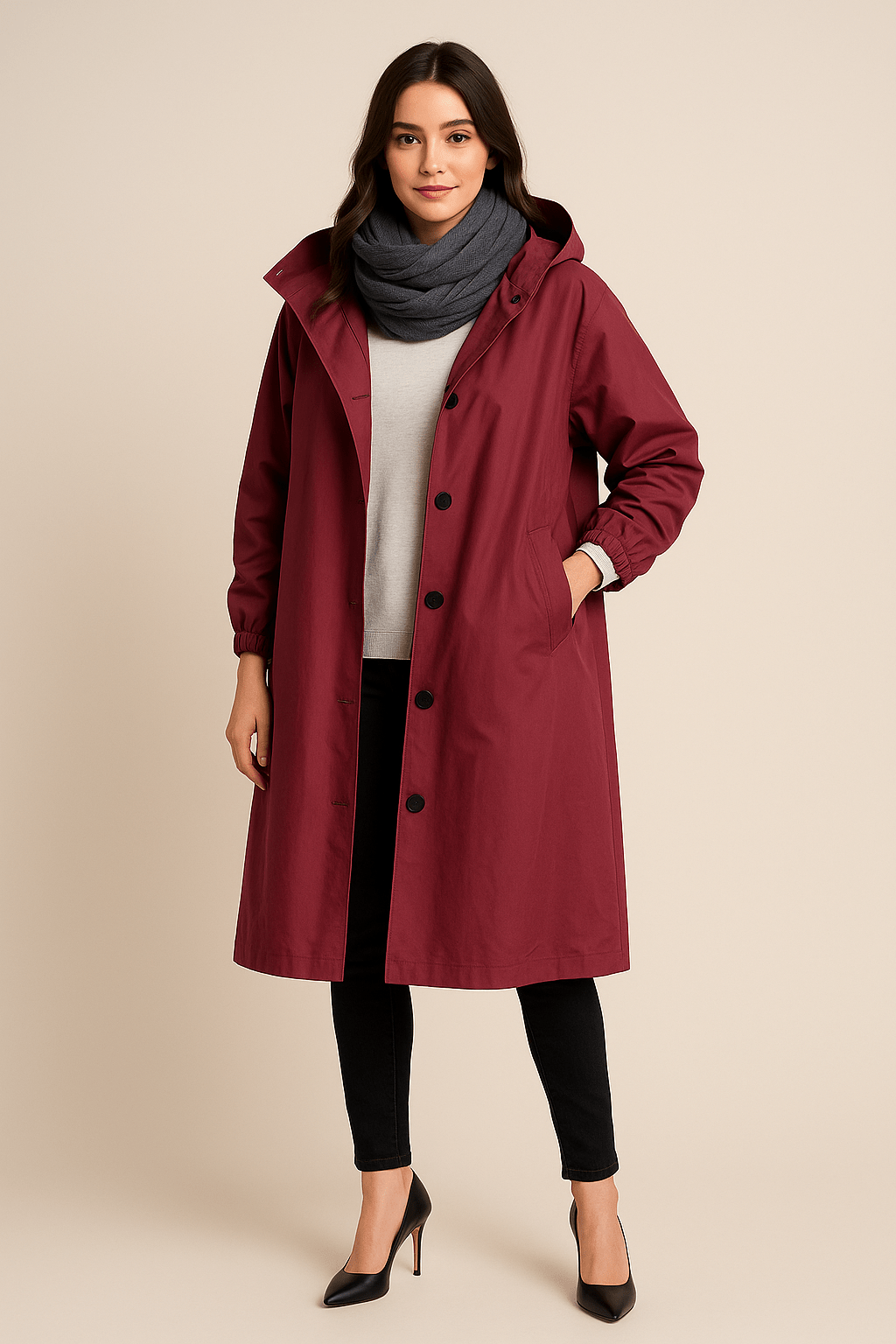 Ruby – Women’s Hooded Long Trench Coat with Pockets