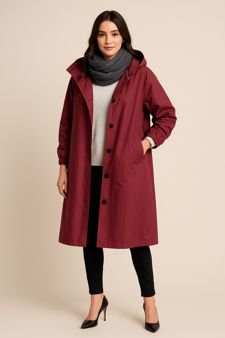 Ruby – Women’s Hooded Long Trench Coat with Pockets