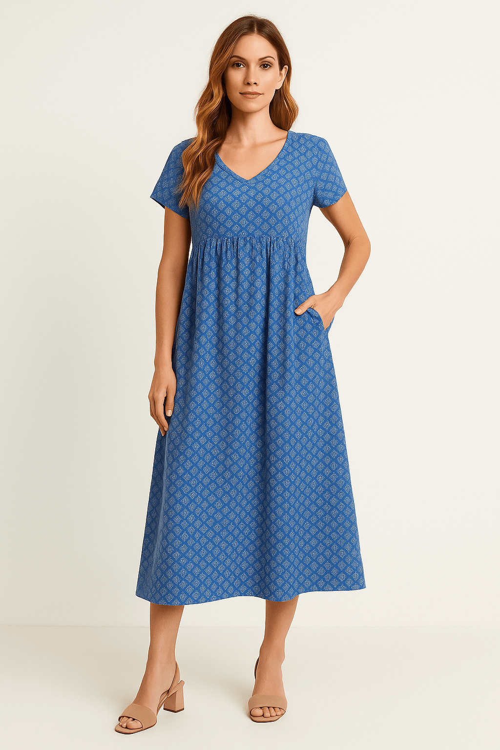 Eilidh – Printed V-Neck Maxi Dress with Empire Waist
