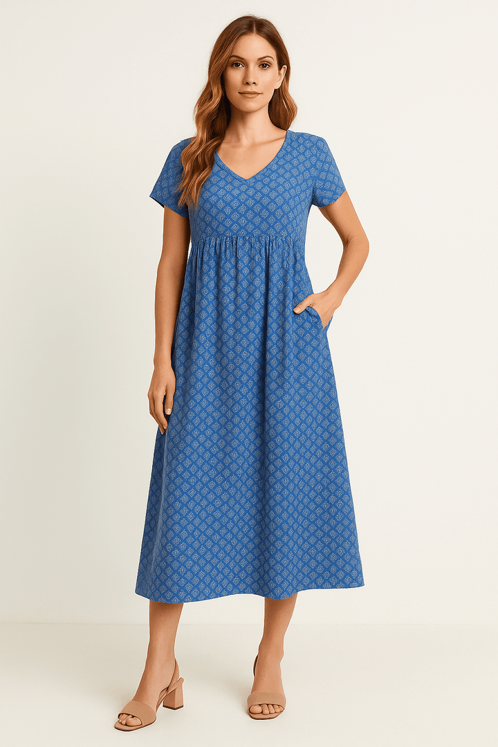 Eilidh – Printed V-Neck Maxi Dress with Empire Waist