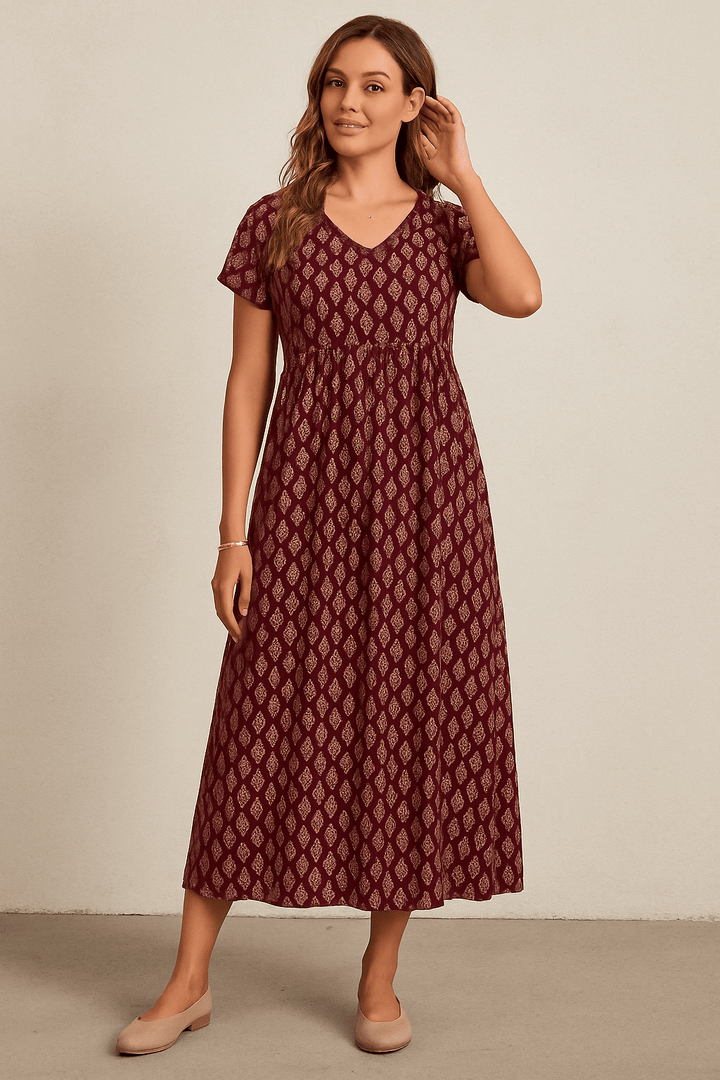 Eilidh – Printed V-Neck Maxi Dress with Empire Waist