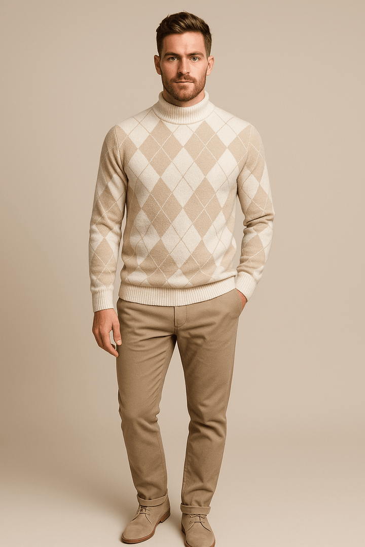 Sindre – Men’s Argyle Crew Neck Knitted Sweater with Classic Diamond Pattern