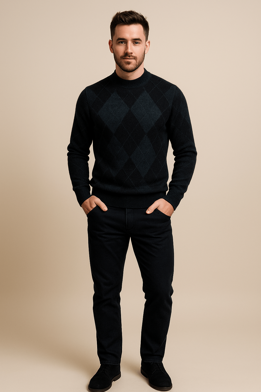 Sindre – Men’s Argyle Crew Neck Knitted Sweater with Classic Diamond Pattern