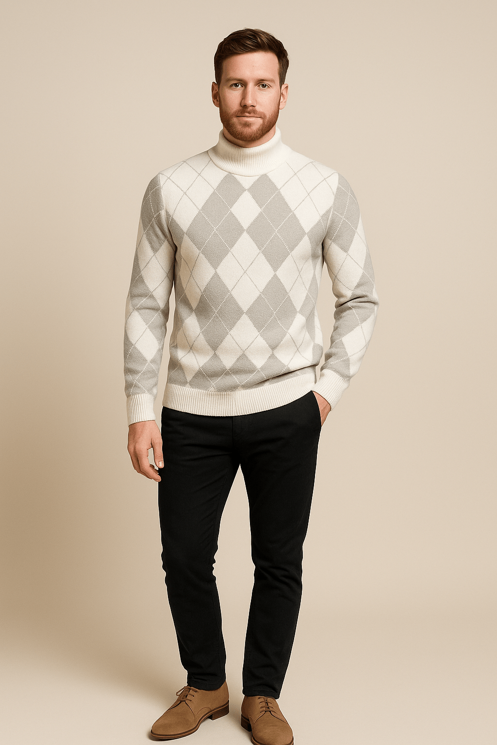 Sindre – Men’s Argyle Crew Neck Knitted Sweater with Classic Diamond Pattern