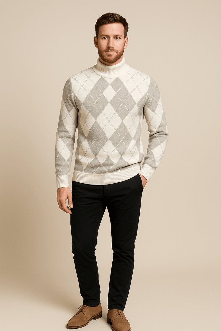 Sindre – Men’s Argyle Crew Neck Knitted Sweater with Classic Diamond Pattern