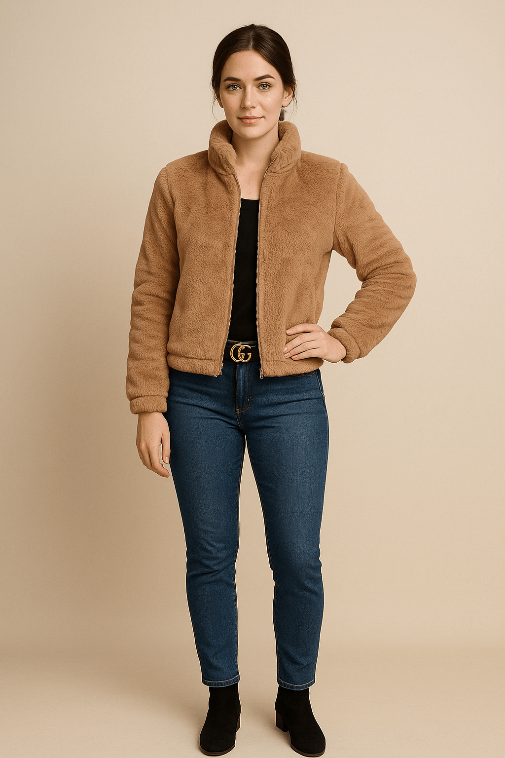 Thea – Women’s Faux Leather Plush Zip-Up Cardigan with High Collar