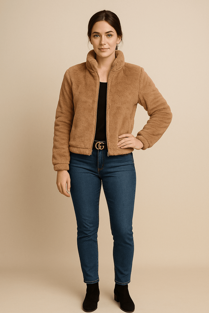 Thea – Women’s Faux Leather Plush Zip-Up Cardigan with High Collar