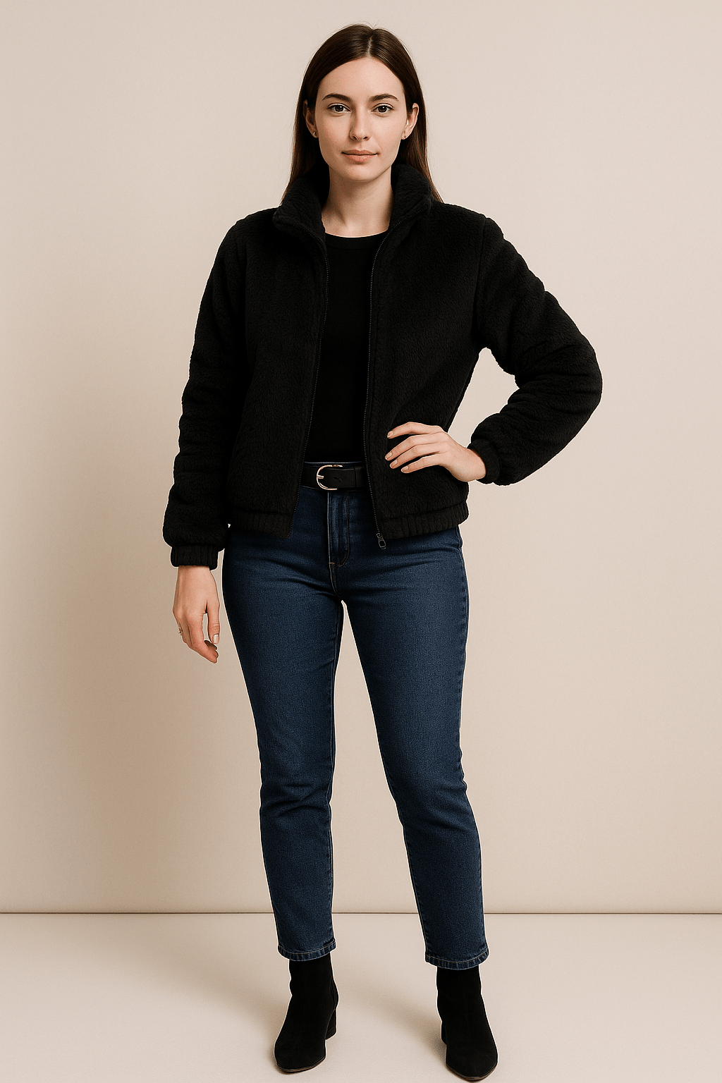 Thea – Women’s Faux Leather Plush Zip-Up Cardigan with High Collar