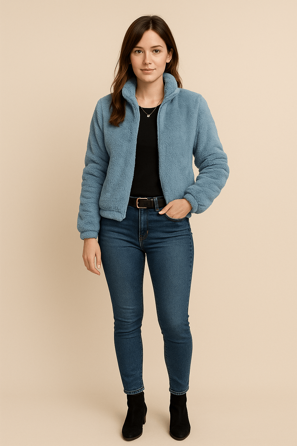 Thea – Women’s Faux Leather Plush Zip-Up Cardigan with High Collar