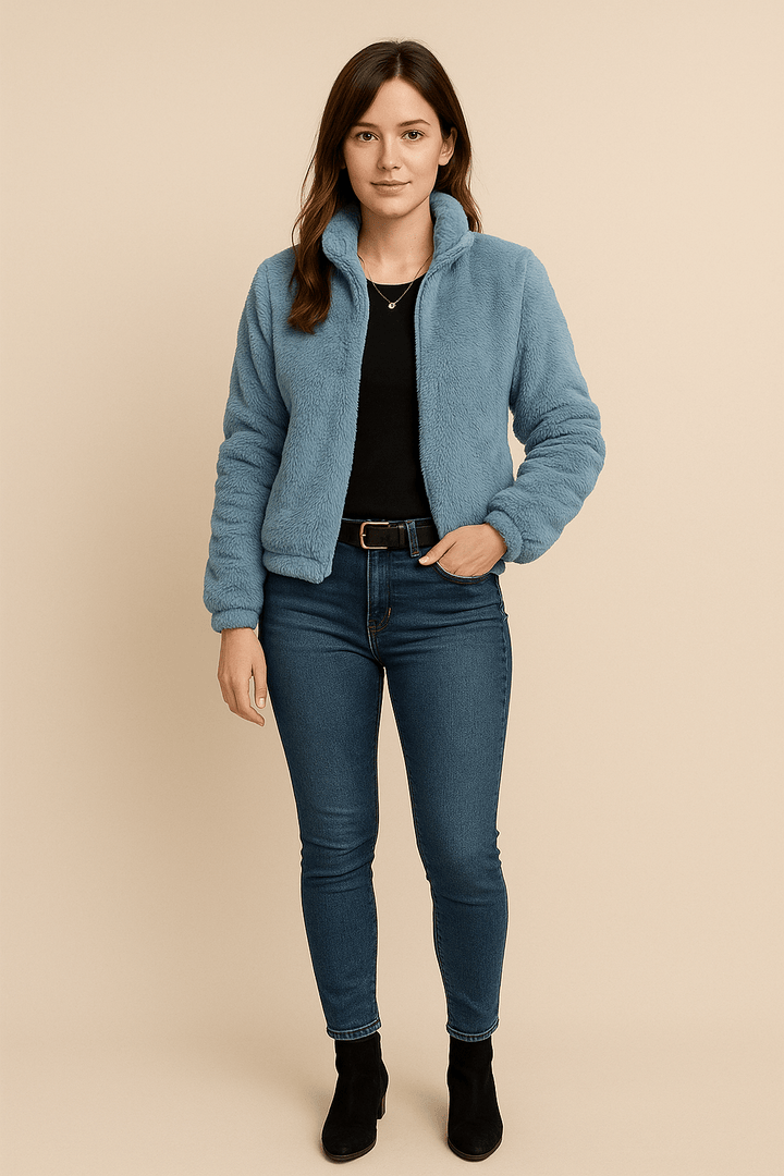 Thea – Women’s Faux Leather Plush Zip-Up Cardigan with High Collar
