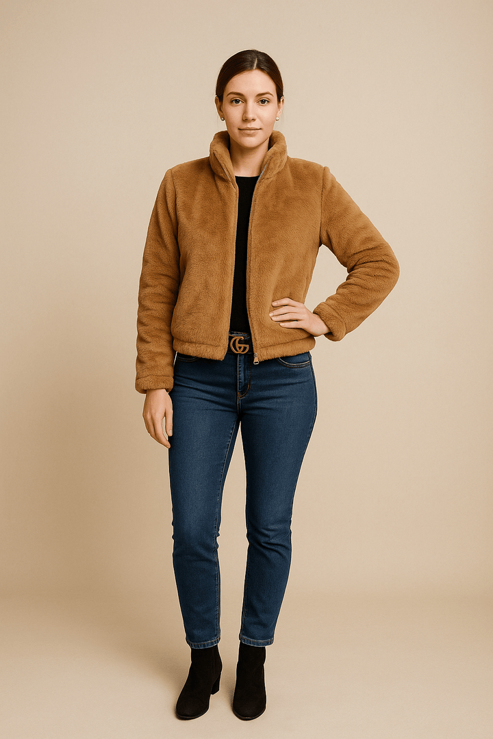 Thea – Women’s Faux Leather Plush Zip-Up Cardigan with High Collar