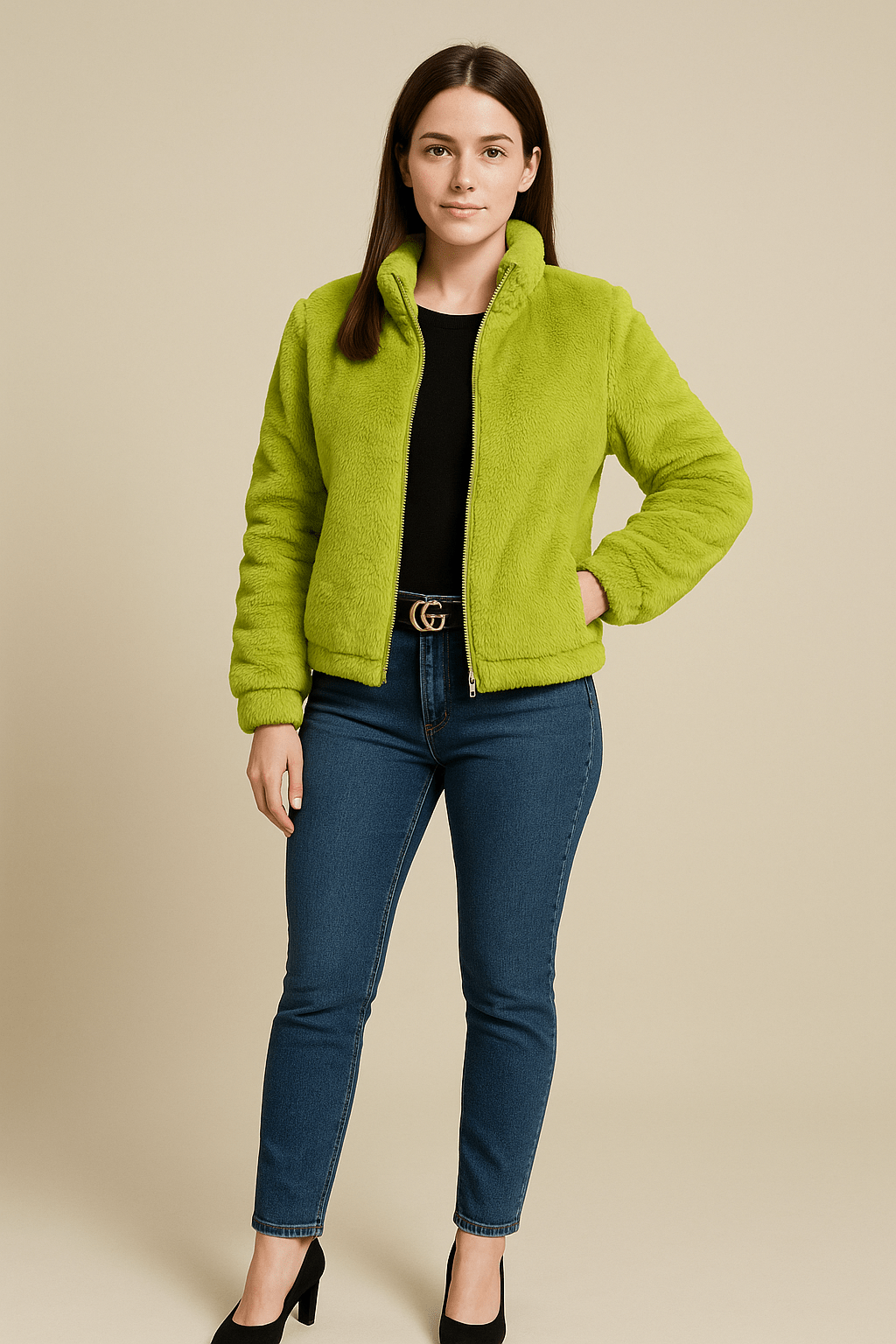 Thea – Women’s Faux Leather Plush Zip-Up Cardigan with High Collar
