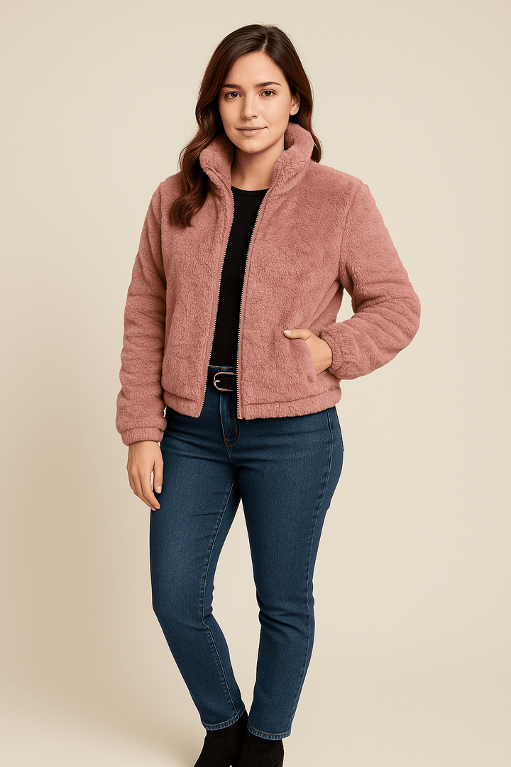 Thea – Women’s Faux Leather Plush Zip-Up Cardigan with High Collar
