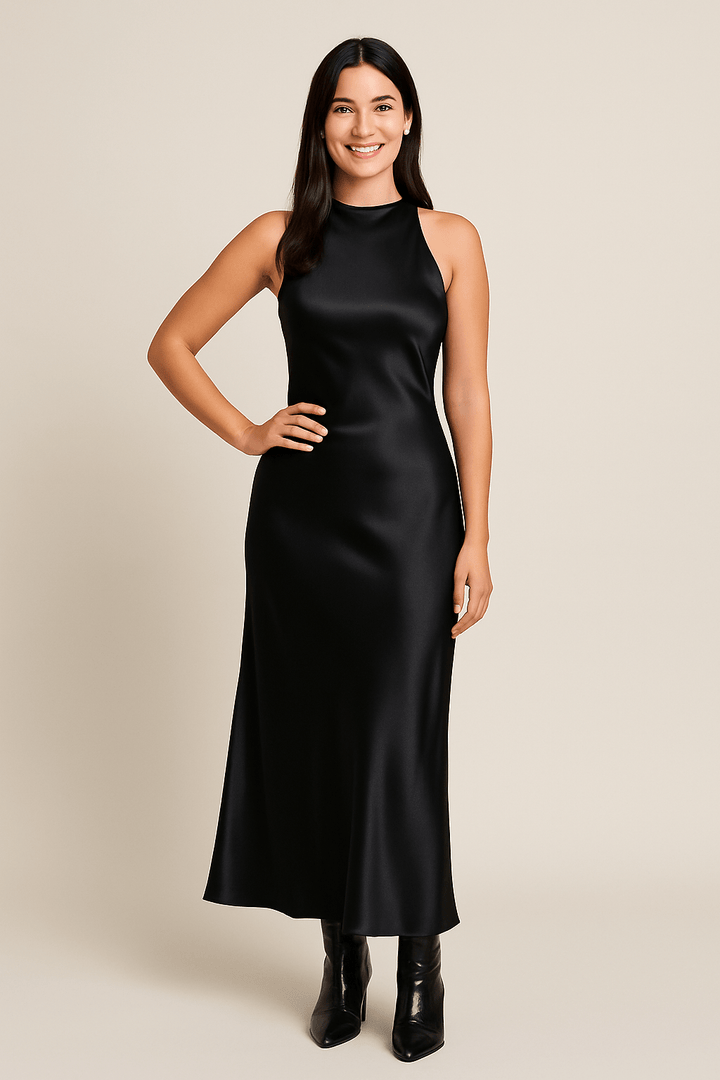 Valeria – Satin Backless Midi Dress – Slim Fit, Draped Neckline, Occasion Style