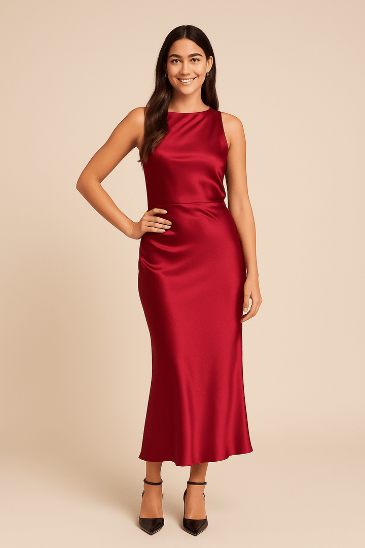 Valeria – Satin Backless Midi Dress – Slim Fit, Draped Neckline, Occasion Style