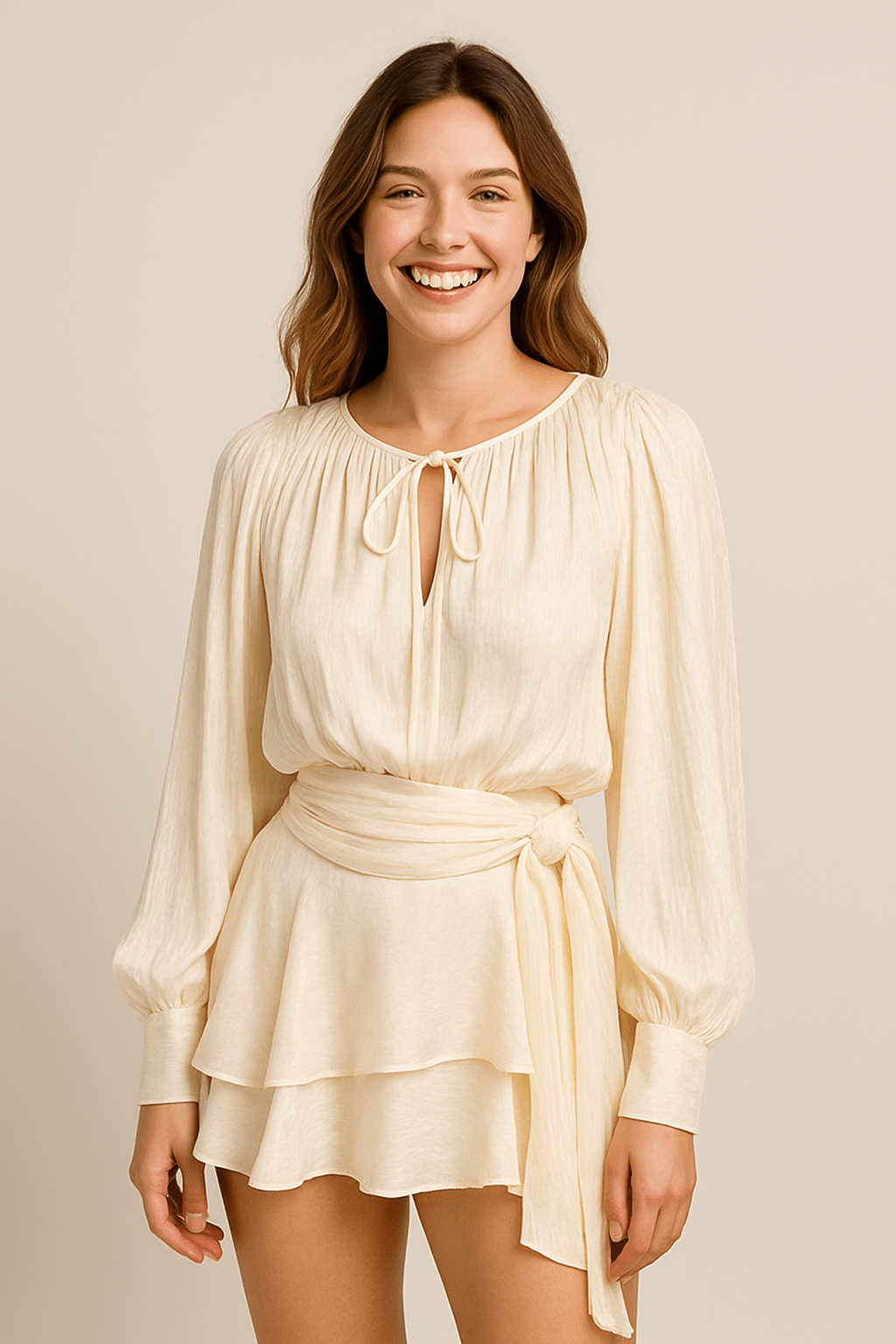 Vivienne Women’s Mini Dress – Satin Look – Balloon Sleeves – Belted Waist