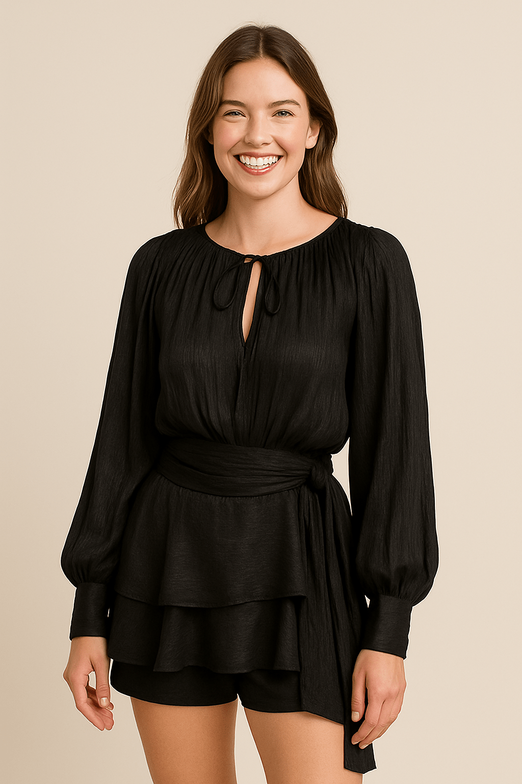 Vivienne Women’s Mini Dress – Satin Look – Balloon Sleeves – Belted Waist