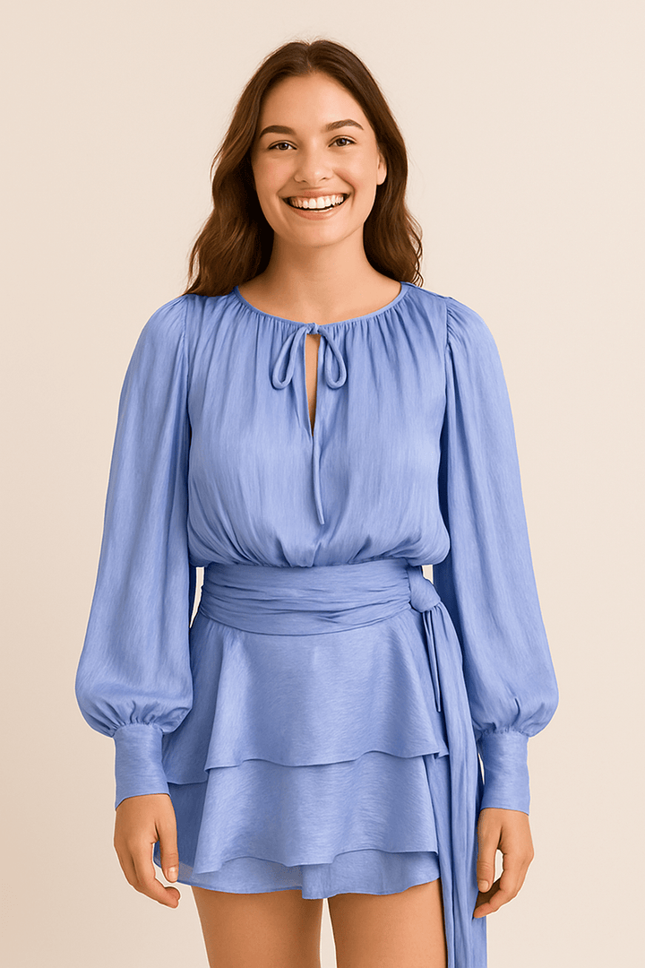 Vivienne Women’s Mini Dress – Satin Look – Balloon Sleeves – Belted Waist