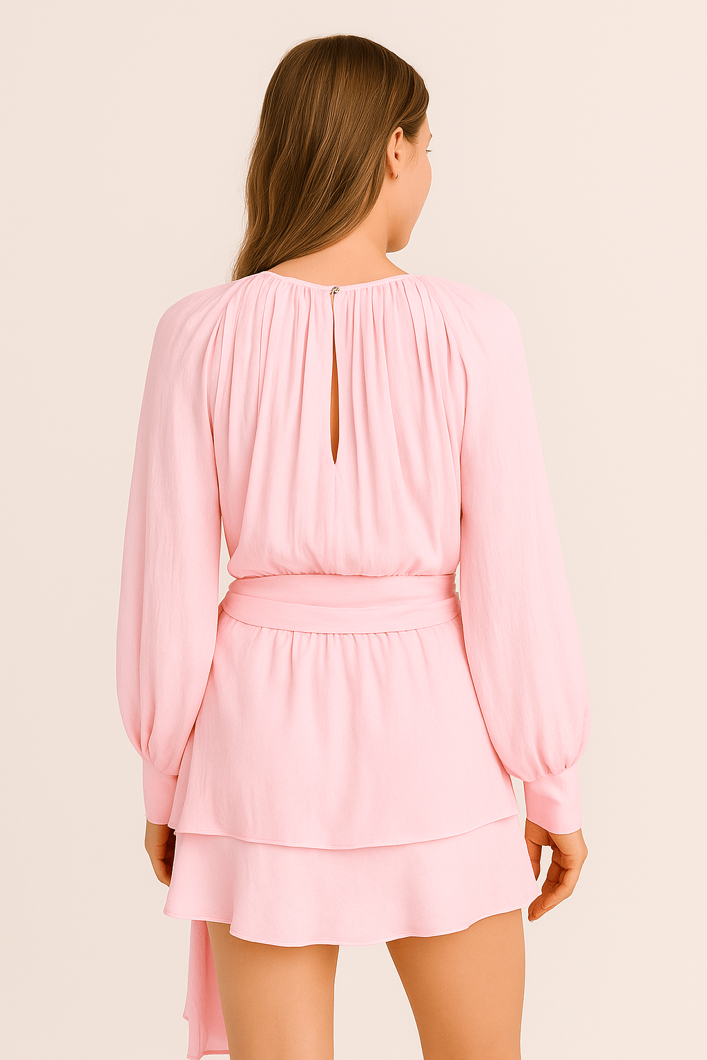 Vivienne Women’s Mini Dress – Satin Look – Balloon Sleeves – Belted Waist