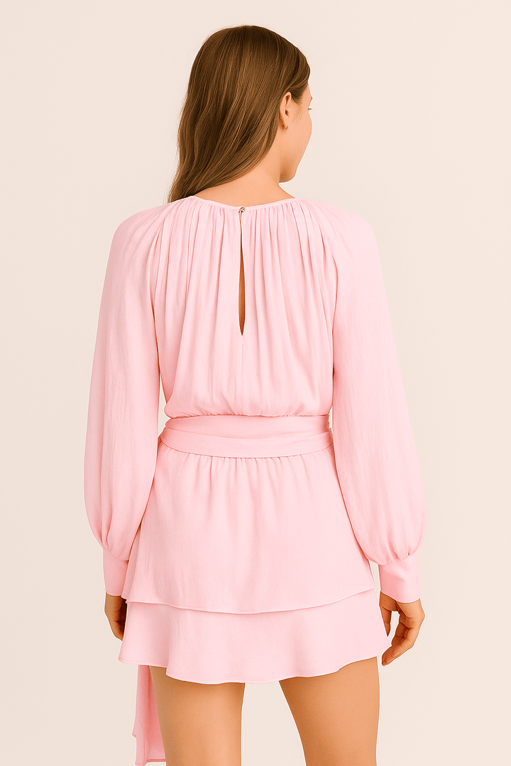 Vivienne Women’s Mini Dress – Satin Look – Balloon Sleeves – Belted Waist