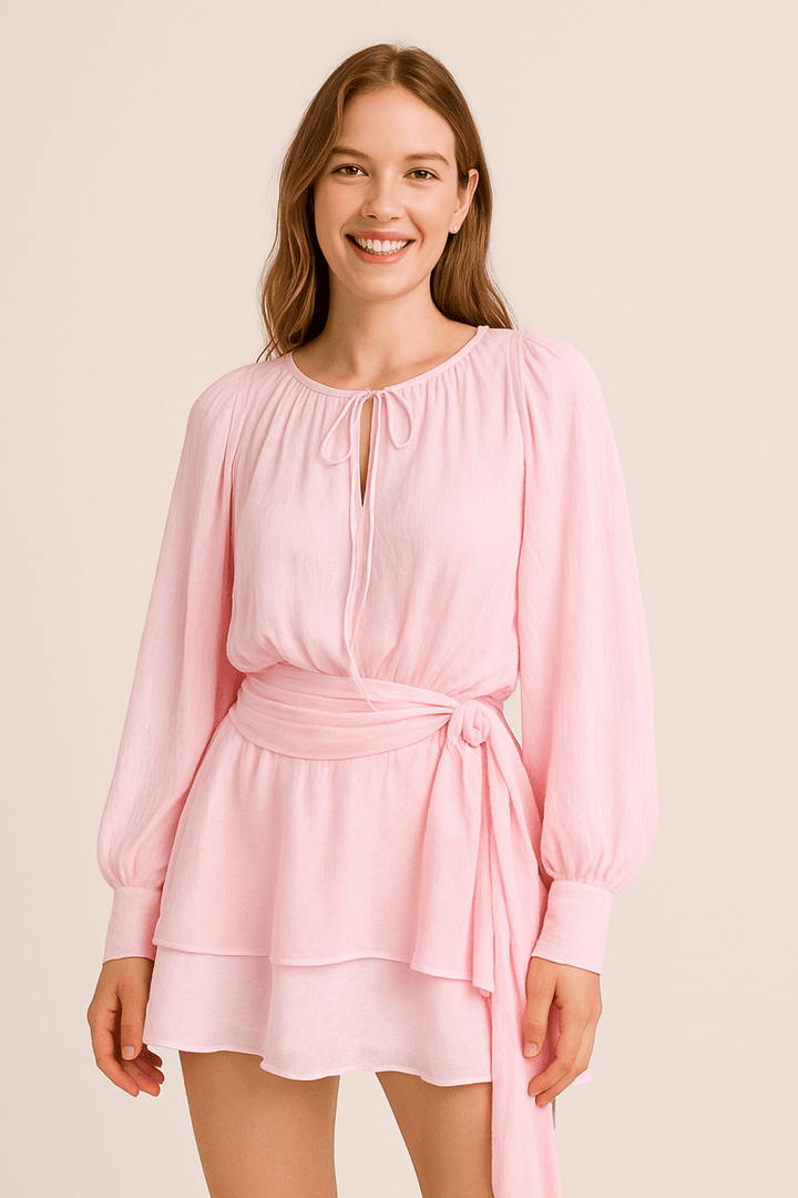 Vivienne Women’s Mini Dress – Satin Look – Balloon Sleeves – Belted Waist