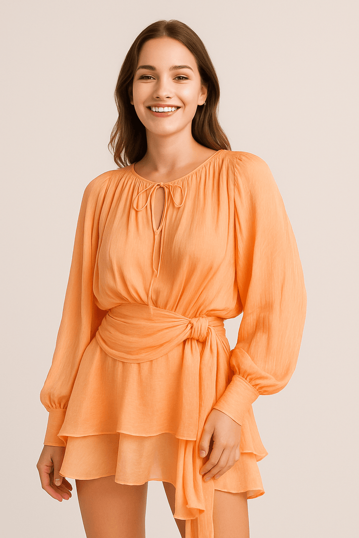 Vivienne Women’s Mini Dress – Satin Look – Balloon Sleeves – Belted Waist