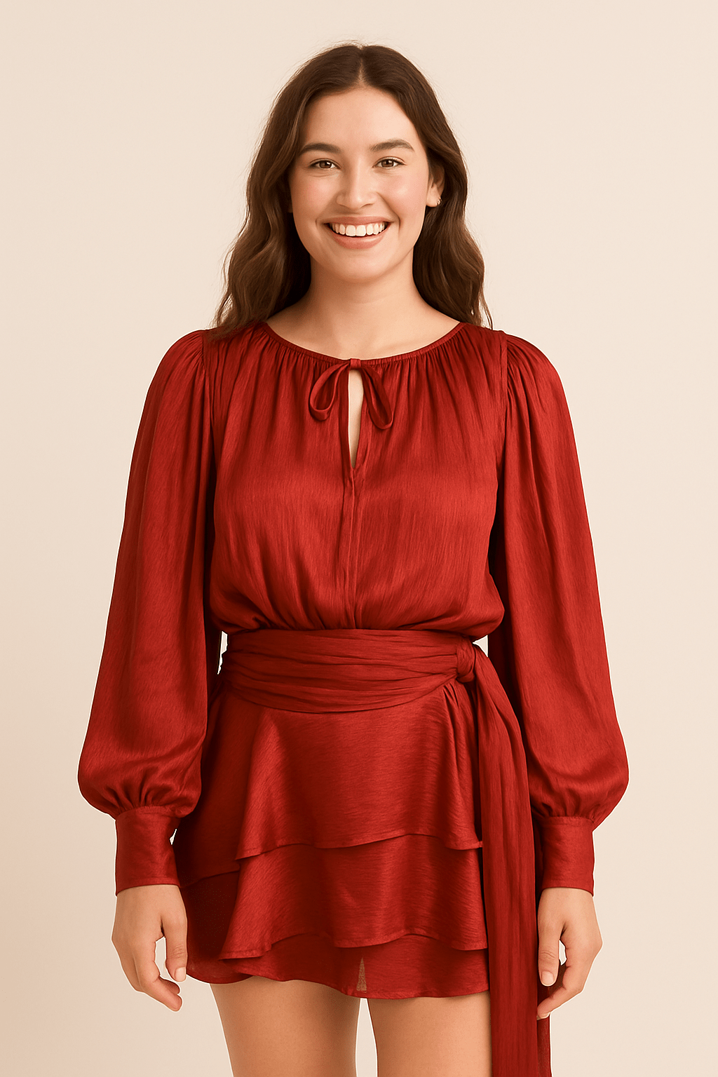 Vivienne Women’s Mini Dress – Satin Look – Balloon Sleeves – Belted Waist