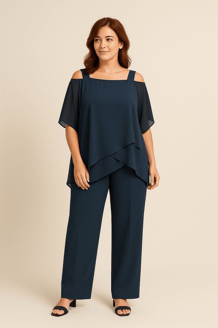 Women's Elegant Cold Shoulder Two-Piece Set – Flowy Fit
