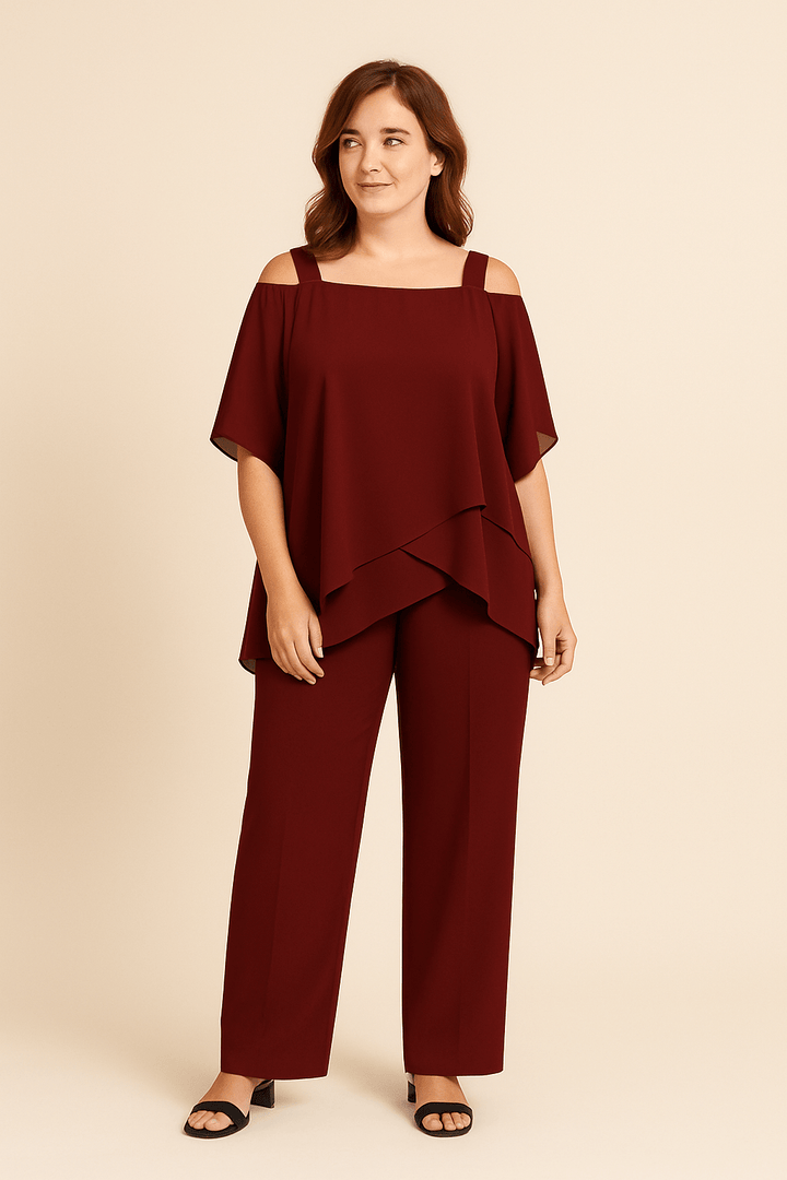 Women's Elegant Cold Shoulder Two-Piece Set – Flowy Fit