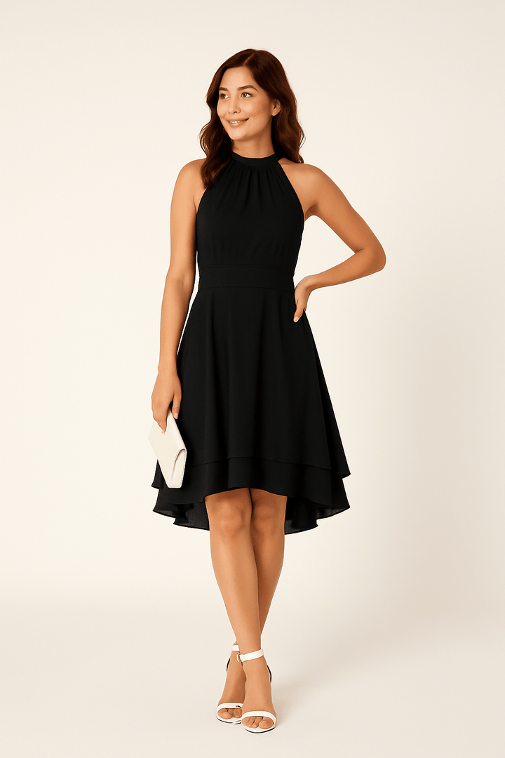 Jolina - Women's Dress - Halter Neck - Sleeveless - High-Low Layered Skirt - Fitted Waist