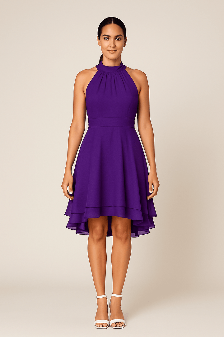 Jolina - Women's Dress - Halter Neck - Sleeveless - High-Low Layered Skirt - Fitted Waist