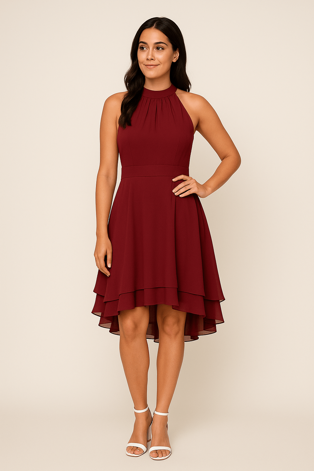 Jolina - Women's Dress - Halter Neck - Sleeveless - High-Low Layered Skirt - Fitted Waist