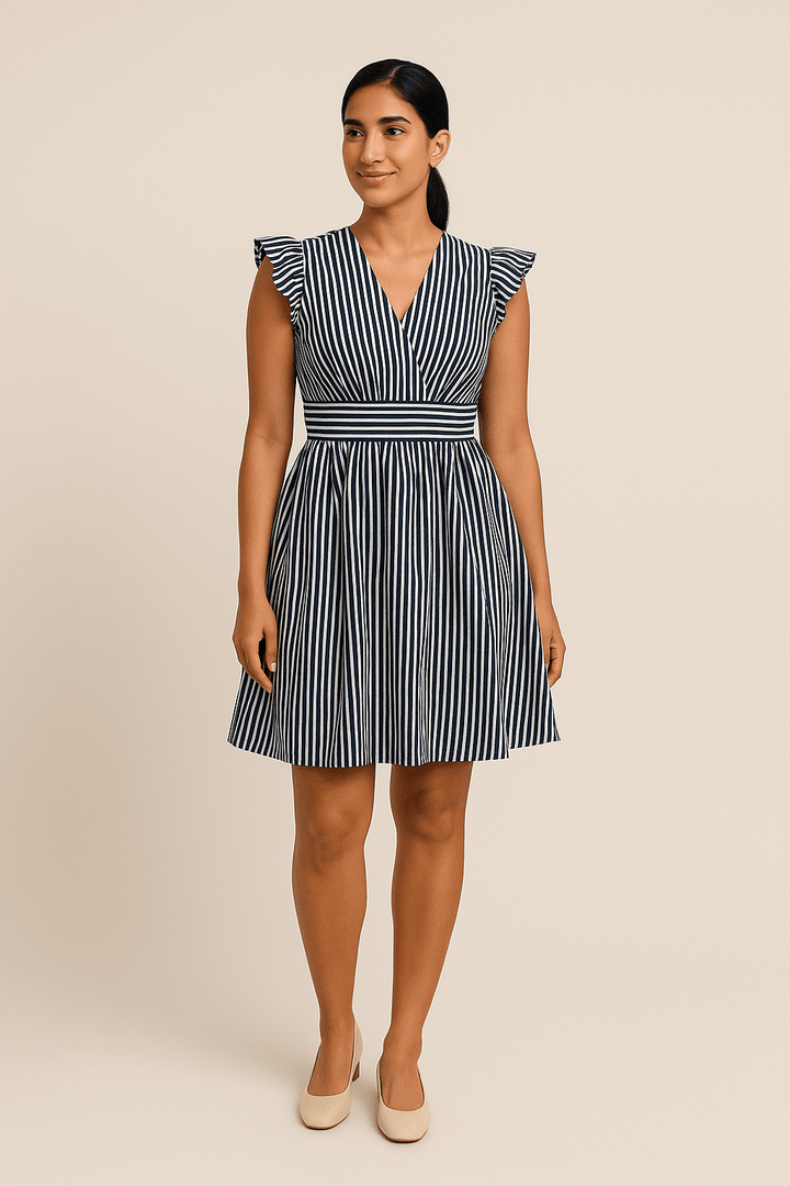 Zoe Nautical Striped Cotton Dress with Ruffle Sleeves – Lightweight Summer Wear