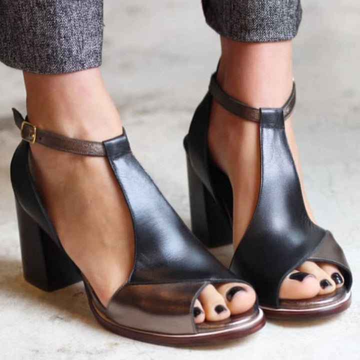 Anyao™ Black Patchwork Open-Toe Heeled Sandals